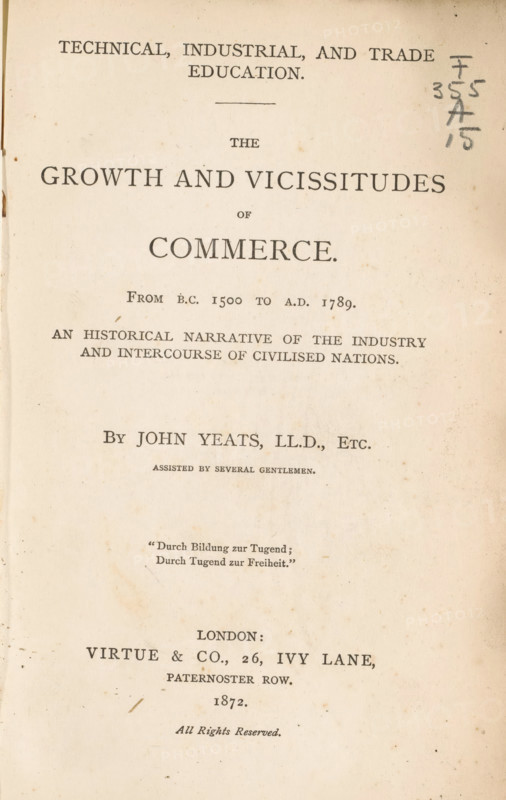 The growth and vicissitudes of commerce, book, writer (clerical worker): John Yeats, publisher: Virtue & Co., London, 1872, writer (clerical worker), textile materials, pasteboard, paper, linen (material), printing, albumen print, height 191 mm x width 129 mm x thickness 34 mm, A worn book title page with age spots and a vertical crease near the left edge, showing centered typographic layout and several horizontal grouping lines; darker handwriting marks appear in the upper right margin; the paper is off-white with uneven discoloration and small brown speckles throughout; margins are visible around the printed area and the lower portion of the page shows more faded staining and faint spots.