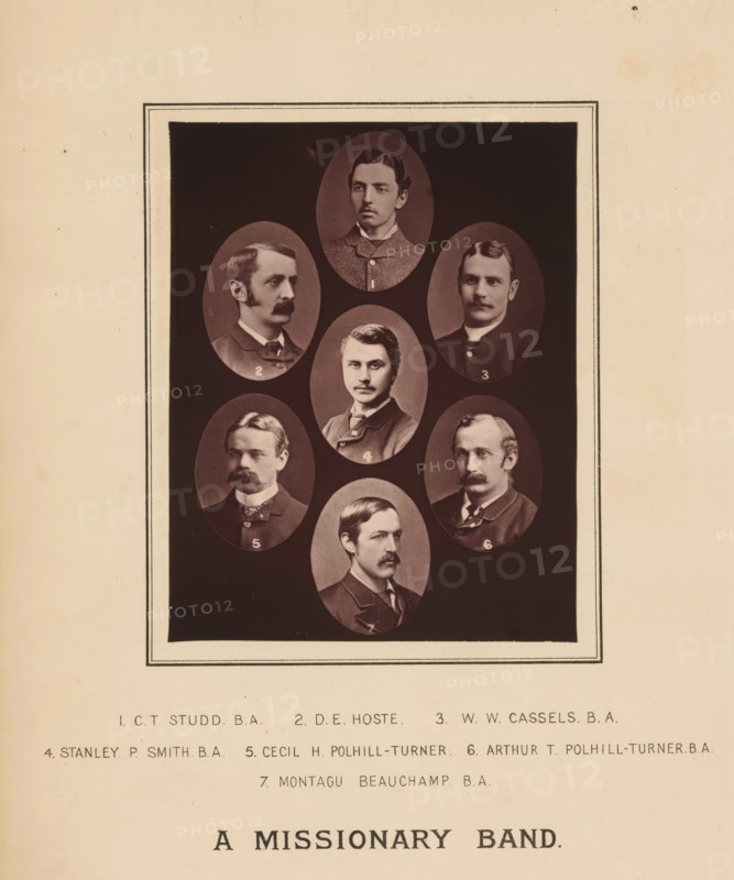 Portraits of the Cambridge Seven, page, photomechanical print, inscription: '1., Beauchamp BA', printmaker: London Stereoscopic Company, London, c. 1881 - in or before 1886, photographer, paper, Woodburytype, height 123 mm x width 96 mm, Print on frontispiece., Person, William Wharton Cassels, Stanley Peregine Smith, Dixon Edward Hoste, Charles Studd, Cecil Polhill-Turner, Arthur Polhill-Turner, Montagu Proctor-Beauchamp, spreading the gospel, missionary work, historical persons (head (and shoulders) (portrait)), A sepia-toned page shows a rectangular dark panel centered on a light background, containing a vertical arrangement of oval photographic portraits of men with moustaches and period clothing; the panel is bordered by thin decorative lines and the portraits vary in facial hair styles and hairstyles, each oval set against a darker oval background within the panel.