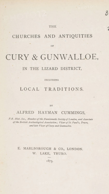The churches and antiquities of Cury and Gunwalloe, in the Lizard district, including local traditions, book, writer (clerical worker): Alfred Hayman Cummings, publisher: E. Marlborough & Co., London, 1875, writer (clerical worker), textile materials, pasteboard, paper, linen (material), printing, collotype, height 221 mm x width 145 mm x thickness 26 mm, A cream-colored page with evenly spaced dark printed lines arranged in centered horizontal groupings, showing varying font sizes and weights; the top portion is mostly blank, the middle contains multiple centered lines of bold and lighter serif type with wide letter spacing, and the lower portion has smaller serif lines followed by a blank expanse; the paper shows small scattered specks and faint age marks and there is a dark handwritten mark near the right edge.