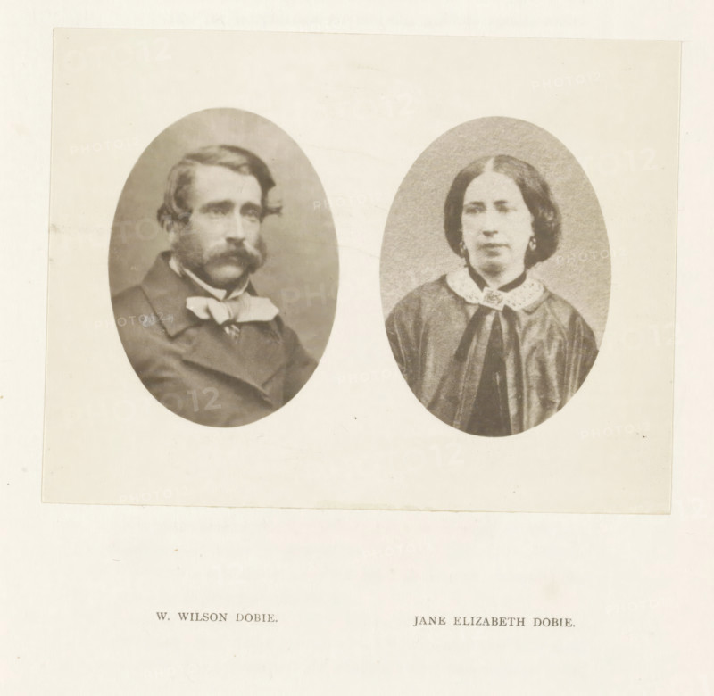 W. Wilson Dobie, Jane Elizabeth Dobie, photograph, page, c. 1886 - in or before 1896, photographer, paper, platinum process, height 98 mm x width 129 mm, Person, William Wilson Dobie, historical persons, historical persons - BB - woman, A faded photographic print showing two oval portrait photographs side by side on a pale background, the left portrait of a man with a mustache and side-parted hair wearing a dark coat and a large bow at his collar, the right portrait of a woman with center-parted hair wearing a dark dress with a light decorative collar and a brooch, both portraits framed by oval vignettes and mounted on a lighter rectangular sheet.