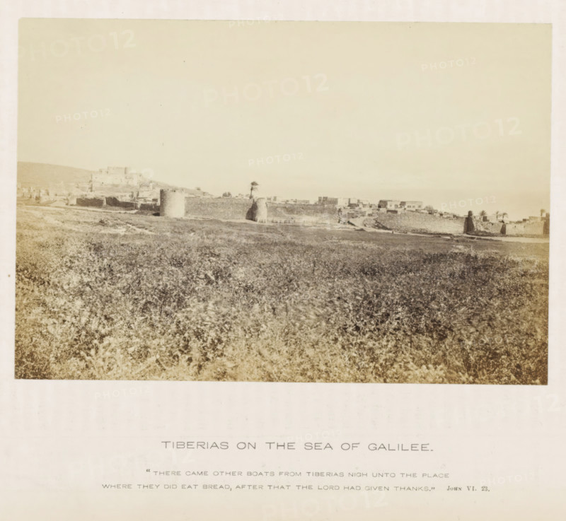 View of Tiberias in Israel, Tiberias on the sea of Galilee, photograph, page, inscription: ''There came other boats from Tiberias nigh unto the place where they did eat bread, after that the Lord had given thanks.' John VI. 23.', photographer: Francis Frith (possibly), Tiberias, c. 1850 - c. 1865, paper, albumen print, height 105 mm x width 155 mm, landscapes, tower, clock tower, monumental adornment, A wide sepia-toned landscape photograph showing a grassy foreground leading to a low stone wall and scattered buildings along a shoreline, with several rounded stone towers or fortifications rising from the wall and a few palm trees nearby, a hill with more structures visible toward the left background, and a pale sky occupying the upper portion of the image.