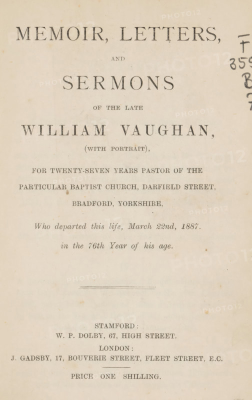 Portrait of William Vaughan, photograph, page, inscription: 'Yours truly W. Vaughan', c. 1877 - in or before 1887, photographer, paper, albumen print, height 89 mm x width 58 mm, Photo on frontispiece., Person, William Vaughan, historical persons, A faded book title page with large uppercase headings centered near the top, lighter smaller lines of text arranged beneath, and a horizontal rule in the lower half, all printed on yellowed paper showing age spots and small stains; a handwritten vertical series of dark handwritten marks appears along the right edge.