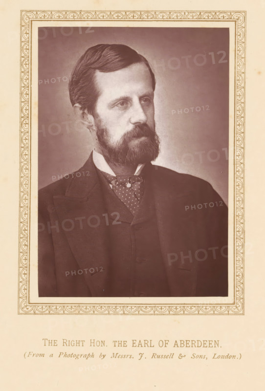 The right hon. the Earl of Aberdeen, page, photomechanical print, photographer: Russell & Sons, London, c. 1875 - c. 1880, printmaker, paper, Woodburytype, height 117 mm x width 83 mm, Person, John Hamilton-Gordon, politician, eg party leader, A sepia-toned portrait of a middle-aged man with a full beard and neatly combed hair, shown from the chest up and turned slightly to his right, wearing a dark formal jacket, waistcoat, high collared shirt and a patterned necktie, all set within an ornate rectangular frame on a pale background.