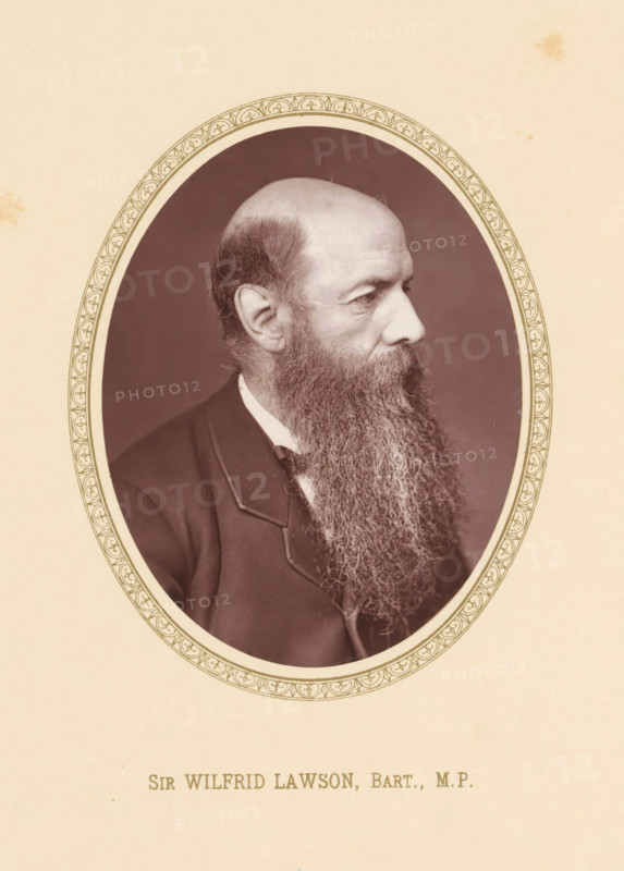 Sir Wilfrid Lawson, Bart., MP, page, photomechanical print, c. 1875 - c. 1880, photographer, printmaker, paper, Woodburytype, height 110 mm x width 87 mm, Person, Wilfrid Lawson, politician, eg party leader, An oval sepia photograph centered on a beige page shows an older man in profile facing right with a high forehead and a long, full beard extending down over his chest, wearing a dark jacket and a light collar; the oval is bordered by a decorative patterned frame and the background inside the oval is a darker plain tone.