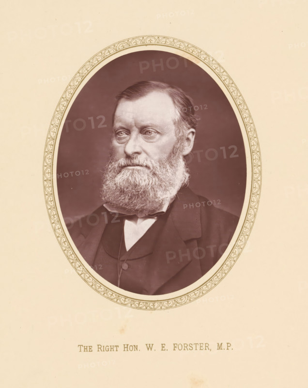 The right hon. WE Forster, MP, page, photomechanical print, c. 1875 - c. 1880, photographer, printmaker, paper, Woodburytype, height 110 mm x width 86 mm, Person, William Edward Forster, politician, eg party leader, An oval-framed sepia portrait of an older man with a full beard and mustache, neatly combed hair, and a serious facial expression, shown from the shoulders upward wearing a dark coat, waistcoat, and a white shirt collar, set against a dark background and surrounded by a decorative patterned border on a light beige mount.