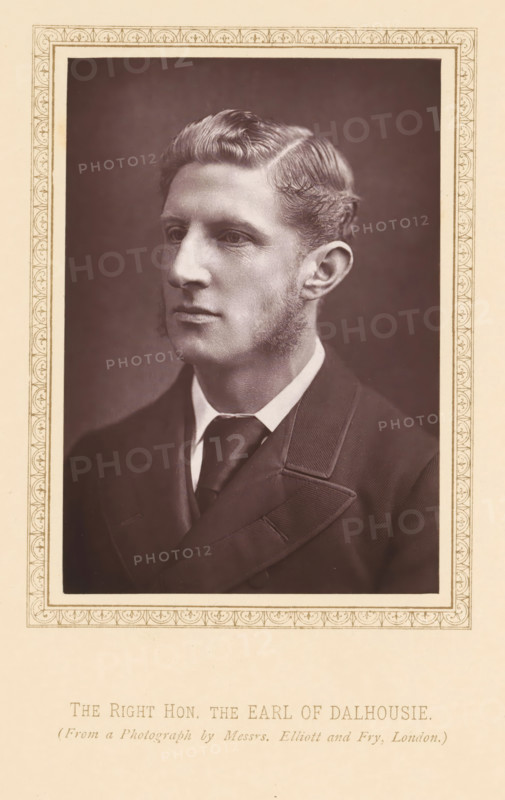 Portrait of John Ramsay, The right hon. the Earl of Dalhousie, page, photomechanical print, photographer: Elliott & Fry, London, c. 1877 - c. 1882, printmaker, paper, Woodburytype, height 118 mm x width 83 mm, Person, Andrew Ramsay, politician, eg party leader, A sepia-toned portrait of a man shown from the chest up within a decorative rectangular frame, facing slightly left with a neutral expression, short neatly combed hair with a side part, clean-shaven cheeks with prominent sideburns, a straight nose and defined jawline, wearing a dark suit jacket with wide lapels, a white shirt collar, and a dark tie, set against a plain darker background.