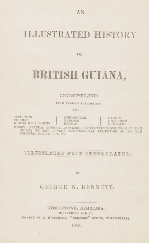 An illustrated history of British Guiana compiled from various authorities, book, inscription: 'To Captain Ramsey Cooke from his sincere friend CB Demerara 4, 4, 68', writer (clerical worker): various manufacturers, printer (person): L. M'Dermott, Georgetown (Guyana), publisher: Richardson and Co., 1866, various manufacturers, L. M'Dermott, Richardson and Co., writer (clerical worker), printer (person), publisher, Guyana, textile materials, paper, linen (material), albumen print, color on cut, height 272 mm x width 190 mm x thickness 40 mm, A vertically oriented aged paper page with centered, evenly spaced lines of printed serif text in various large and small sizes, some lines in bold heavier type and others in lighter or condensed type, with a wide blank margin at the top and narrow margins at the sides, faint spotting and foxing across the surface, and a thin ruled line separating a middle section from lower lines, all on a creamy off-white background.