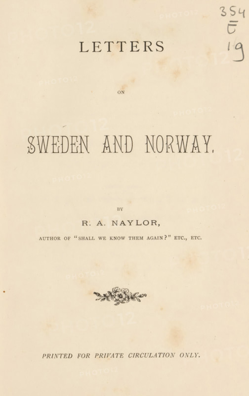 Letters on Sweden and Norway, book, writer (clerical worker): Robert Anderson Naylor, 1887, writer (clerical worker), textile materials, pasteboard, paper, linen (material), printing, engraving, albumen print, color on cut, height 241 mm x width 162 mm x thickness 21 mm, The image shows an aged cream-colored page with a centered horizontal decorative floral ornament near the lower middle and small scattered foxing spots across the surface, with a handwritten pencil notation in the upper right corner.