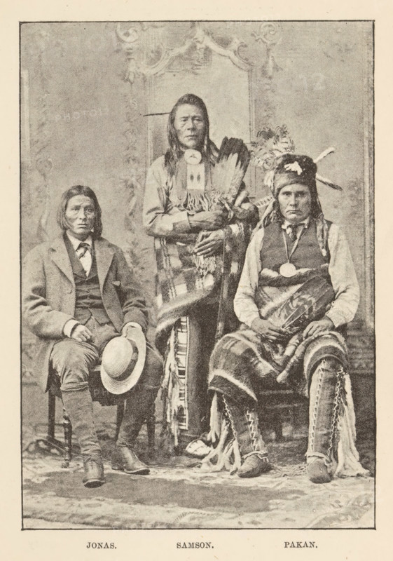 Portrait of three Cree or Saulteaux men from Canada, Jonas. Samson. Pakan, page, photomechanical print, Canada, c. 1882 - in or before 1892, North America, paper, autotypie, height 141 mm x width 98 mm, adult man, anonymous historical persons depicted in a group, in a group-portrait, human races, peoples, nationalities, Native peoples of the Americas, original inhabitants of North America, A sepia-toned photograph of three seated and standing men posed against a decorative backdrop, each wearing distinct clothing and accessories; the left figure sits holding a brimmed hat in his lap and wears a suit jacket, vest, tie, and straight hair parted in the middle, the central figure stands slightly behind the others wearing long hair, a fringed garment draped over the shoulders, and holding a fan of feathers, and the right figure sits wearing a fur hat adorned with feathers, a vest over a shirt, a circular chest ornament, and a patterned blanket wrapped around the lower body with hands restin...