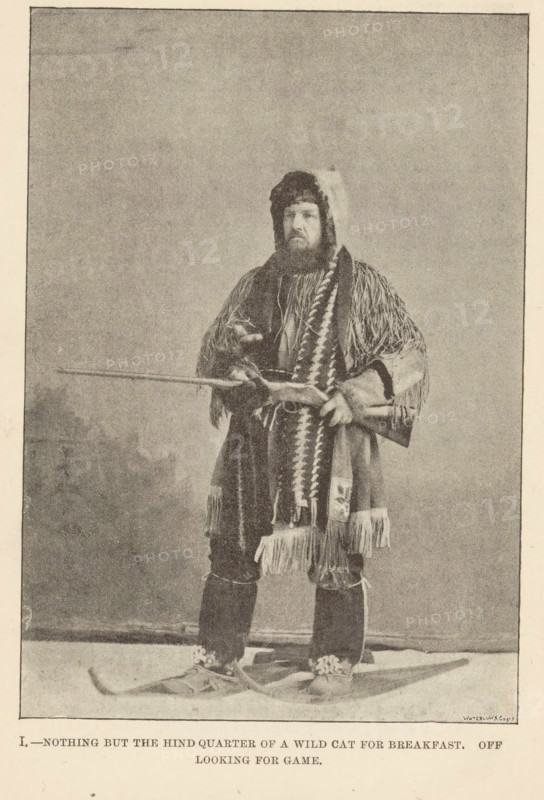 Portrait of probably Egerton Ryerson Young as a hunter, with a rifle, a hooded jacket and snowshoes, I.-Nothing but the hind quarter of a wild cat for breakfast. Off looking for game, page, photomechanical print, Canada, maker: Waterlow & Sons Limited, c. 1882 - in or before 1892, photographer, North America, paper, autotypie, height 143 mm x width 100 mm, Person, Egerton Ryerson Young, firearms, hunter, snow-shoes, A sepia-toned photograph of a bearded man standing full-length against a plain backdrop, wearing a fur hat and a heavy fringed garment over his shoulders, a long patterned scarf draped down the front, and fringed clothing at his wrists and lower legs; he holds a long wooden pole horizontally across his body with both hands and wears boots with fur or decorative coverings, standing on a surface that shows a pair of long wooden skis beneath his feet.