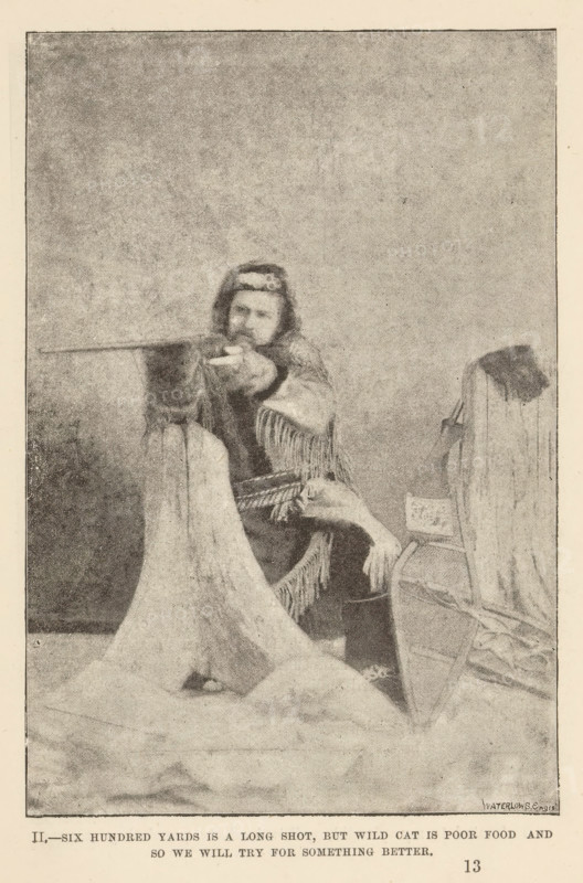 II.-Six hundred yards is a long shot, but wild cat is poor food and so we will try for something better, Portrait of probably Egerton Ryerson Young as a hunter with a rifle, page, photomechanical print, number: '13', Canada, maker: Waterlow & Sons Limited, c. 1882 - in or before 1892, photographer, North America, paper, autotype, autotype based on an edited photo, height 144 mm x width 97 mm, Person, Egerton Ryerson Young, firearms, hunter, A grainy monochrome image shows a seated man wearing a fringed garment and a headband, holding a long firearm and aiming forward while leaning on a covered support; draped fabric covers the foreground and a chair with fabric is visible to his side, with a plain textured backdrop behind him.