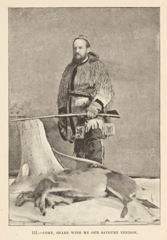 Portrait presumably of Egerton Ryerson Young as a hunter, with a rifle and his foot on prey, III.- Come, share with me our savory venison, page, photomechanical print, Canada, maker: Waterlow & Sons Limited, c. 1882 - in or before 1892, photographer, North America, paper, autotype, autotype based on an edited photograph, height 143 mm x width 100 mm, Person, Egerton Ryerson Young, firearms, hunter, game, hunted animals, A sepia-toned portrait of a bearded man standing, wearing a fringed garment with a hood and a patterned cap, holding a long rifle horizontally across his body, with a large antlered skull and animal hide laid out in front of him.
