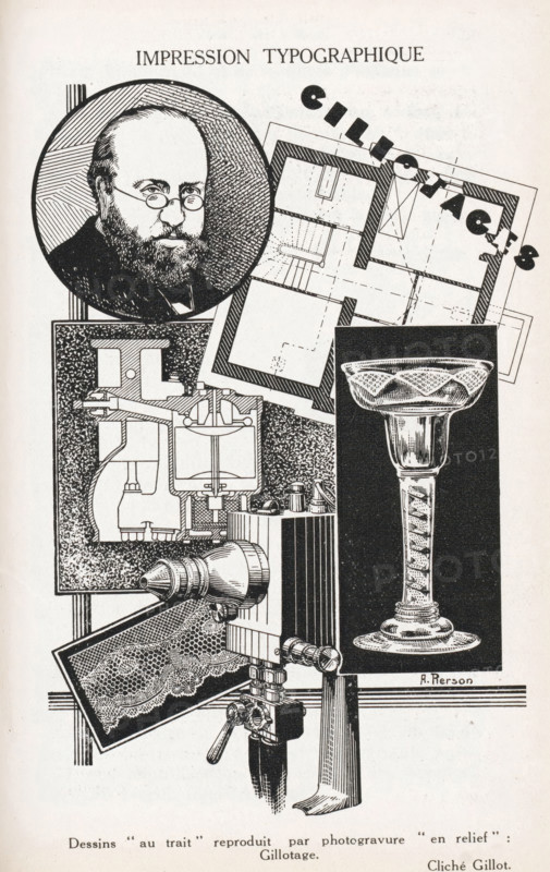 Impression Typographique, Photoreproduction of a drawing of a glass, lace, photographic apparatus and a portrait of a man, reproduction, page, photomechanical print, inscription: 'Dessins 'au trait' reproduit par photogravure 'en relief' Gillotage', after drawing by Alexandre Jean Pierson, c. 1922 - in or before 1932, paper, line block, height 120 mm x width 80 mm, container of glass: bottle, jar, vase, drawing, sketch, A black and white illustration collage showing a circular portrait of a bearded man wearing round glasses, a rectangular technical drawing of a floor plan with thick borders tilted at an angle, a tall ornate goblet depicted on a dark rectangular panel, a detailed mechanical sectional diagram inside a textured square, and a complex camera-like apparatus with a cylindrical lens, tripod mount, and adjustment knobs, all arranged overlapping on a light background.