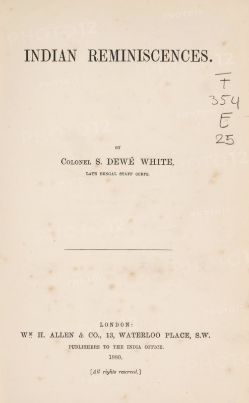 Indian reminiscences, book, writer (clerical worker): Samuel Dewé White, publisher: WH Allen and Co., London, 1880, writer (clerical worker), textile materials, pasteboard, paper, linen (material), printing, albumen print, height 230 mm x width 150 mm x thickness 35 mm, A faded book title page on aged paper with foxing spots and small stains, showing a large centered heading in bold serif type near the top, a smaller author line and subtitle in the middle, a horizontal rule lower down, a publisher block toward the bottom, and a column of handwritten pencil marks along the right margin.
