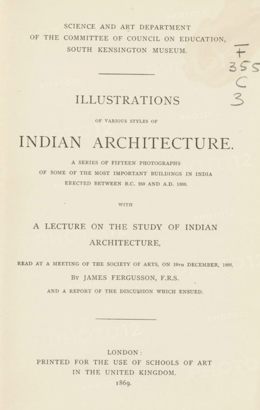 Illustrations of various styles of Indian architecture, book, writer (clerical worker): James Fergusson, 1869, writer (clerical worker), pasteboard, biological material, paper, leather, printing, Woodburytype, albumen print, albumendruk, height 215 mm x width 143 mm x thickness 13 mm, The image shows a vertically oriented aged page with printed formal title layout centered on a pale cream background, featuring multiple lines of dark serif text arranged in a hierarchy from larger to smaller sizes, a thin horizontal rule near the top and another rule lower down, and a few handwritten pencil marks along the right margin; the paper displays light irregular stains and slight discoloration toward the upper right and faint speckles elsewhere.