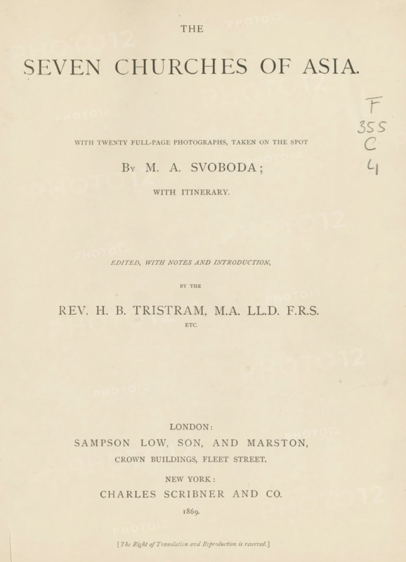 The seven churches of Asia, book, writer (clerical worker): Henry Baker Tristram, publisher: Sampson Low, Marston & Company, London, publisher: Charles Scribner and Co., New York (city), 1869, writer (clerical worker), North America, textile materials, pasteboard, paper, linen (material), printing, albumen print, color on cut, height 220 mm x width 142 mm x thickness 13 mm, A faded cream-colored page with centered dark printed lines and headings in a serif type, arranged vertically down the sheet, showing decorative spacing and small punctuation marks, with a narrow handwritten vertical column of dark pencil marks on the right side, faint smudges and small spots scattered across the surface, and slight unevenness in paper tone toward the edges.