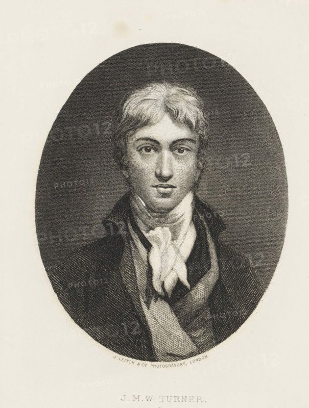 JMW Turner, reproduction, page, photomechanical print, cliché maker: Leitch & Co., J., London, after print by William Holl (II), after painting by Joseph Mallord William Turner, c. 1868 - in or before 1878, William Holl (II), photographer, after print by, paper, photoaquatint, height 120 mm x width 95 mm, Person, portrait, self-portrait of artist, A monochrome engraved portrait of a young man shown from the chest up inside an oval vignette, featuring short wavy hair, direct forward gaze, and a neutral expression, wearing a high-collared coat over a waistcoat and a tied neckcloth, with fine line shading and stippling throughout the face, clothing, and background.