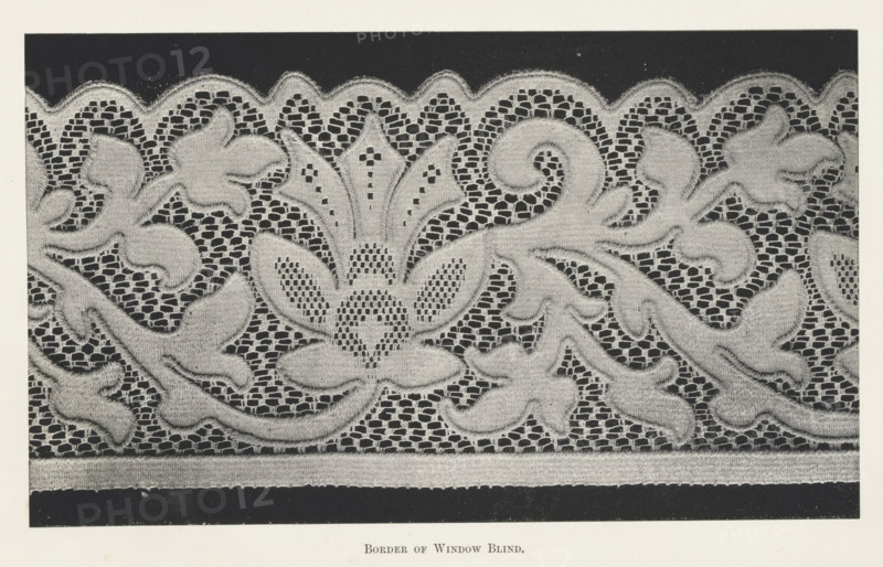 Border of window blind, page, photomechanical print, photographer: Brothers, Alfred (possibly), printmaker: A. Brothers & Co., c. 1889 - in or before 1899, paper, photo zincography, height 112 mm x width 174 mm, curtains, lace, A horizontal rectangular section of patterned fabric framed by a narrow border, showing an intricate lace-like design with a dark background and lighter raised motifs; scalloped upper edge and a straight lower edge with a solid dark band below; repeating organic shapes resembling stylized leaves and floral elements with textured fill and small openwork areas forming a net-like background; curling tendrils and rounded petal forms arranged symmetrically across the width, with varying densities of dot-like shading that give a tactile, embroidered appearance.