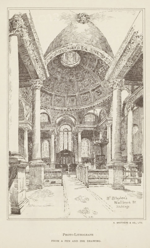 Photo reproduction of a drawing depicting an interior of Saint Stephen Walbrook, reproduction, page, photomechanical print, inscription: 'photo-lithograph from a pen and ink drawing', printmaker: A. Brothers & Co., after drawing by J. Hutchings, Saint Stephen Walbrook, c. 1889 - in or before 1899, photographer, London, paper, photolithography, height 173 mm x width 110 mm, interior of church, parts of church interior: aisle, The image shows an interior view of a grand domed building rendered in a detailed pen-and-ink style. Tall columns with ornate capitals rise to support arches and an elaborately decorated dome with a central oculus. The dome interior features patterned coffers and ornamental detailing. A central aisle leads toward a raised area with a curved apse framed by arched windows. Rows of pews or benches flank the aisle. Balustrades, stairs, and additional columns fill the foreground. Intricate architectural moldings and carved decorations appear on archways and cornices thr...