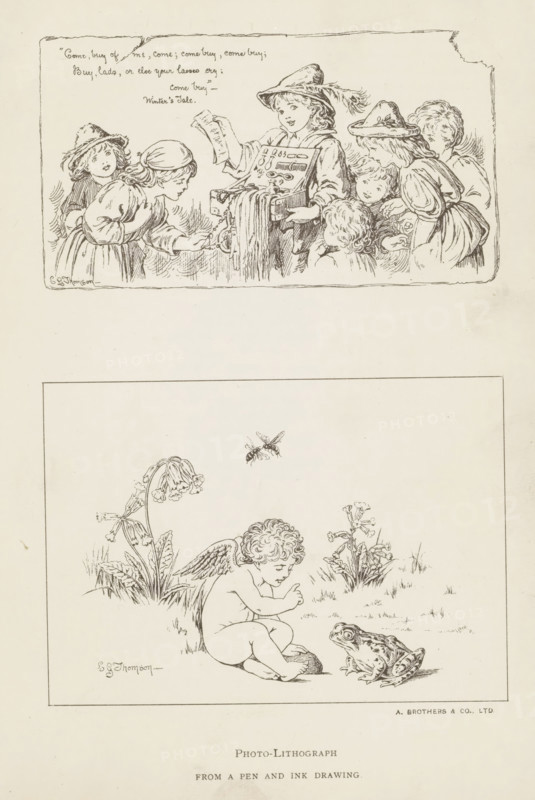 Two photoreproductions of drawings, depicting a street vendor and a putto with a frog, reproduction, page, photomechanical print, printmaker: A. Brothers & Co., after drawing by EG Thomson, c. 1889 - in or before 1899, photographer, paper, photolithography, height 225 mm x width 155 mm, Prints opposite page 158., merchant, salesman, cupids: 'amores', 'amoretti', 'putti', tailless amphibians: frog, A rectangular image area contains two separate pen-and-ink vignettes stacked vertically on a pale background. The top vignette shows a group of children gathered around a central child who is holding an open box with long ribbons or cloths hanging from it and displaying its contents while another child leans forward to examine or take something; several children wear hats and shawls and look toward the box, and the scene is framed by a rough drawn border with slightly torn edges. The lower vignette depicts a seated cherubic child with small wings on the back, reaching toward a large frog that...