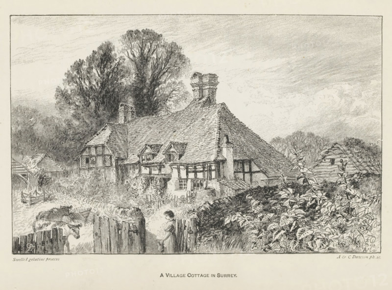 A village cottage in Surrey, reproduction, page, photomechanical print, inscription: 'AD', photographer: A. Dawson, after drawing by anonymous, c. 1889 - in or before 1899, paper, offset-printed, swelled gelatin process, height 105 mm x width 163 mm, Print for page 161., cottage, façade (of house or building), A detailed black and white illustration of a rural scene showing a large thatched cottage with multiple pitched roofs, small dormer windows, timber-framed walls, and prominent chimneys, set among dense foliage and tall trees; a wooden fence and gate sit in the foreground with a figure of a person near the gate, and plants and bushes fill the right foreground, while distant trees and a textured sky form the background.