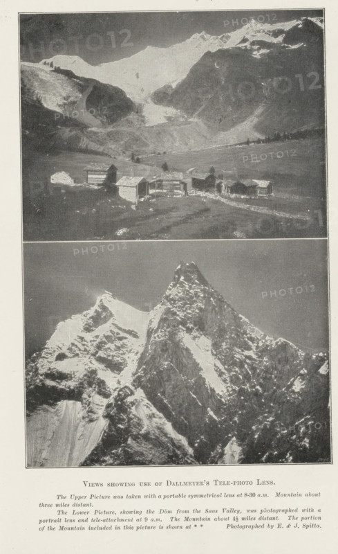 Views showing use of Dallmeyer's tele-photo lens, page, photomechanical print, inscription: 'The Upper Picture, is shown at * *', photographer: Spitta, E. & J., Wallis (canton), c. 1889 - in or before 1899, Spitta, photographer, printmaker, paper, autotype, height 225 mm x width 150 mm, Prints opposite page 192., dale, valley, mountain-top, peak, Alps, Dom (Alps), A vertical image divided into two rectangular photographs separated by a thin horizontal divider, the top photograph showing a wide alpine valley with a cluster of small wooden buildings on grassy terrain in the foreground and large snow-covered mountain slopes rising behind them under a dark sky, and the bottom photograph showing a close-up view of a jagged, steep mountain peak with snow clinging to its rocky faces against a clear sky, all framed by a narrow white border and surrounded by a pale margin.