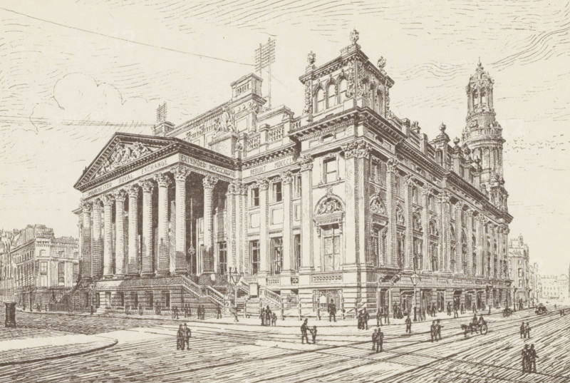 A check, reproduction, page, photomechanical print, inscription: 'Photo-lithograph from a pen and ink drawing', printmaker: A. Brothers & Co., after drawing by anonymous, c. 1889 - in or before 1899, photographer, paper, photolithography, height 100 mm x width 151 mm, facade (of house or building), stock exchange, stock-market, Manchester, Royal Exchange, A detailed line drawing of a large neoclassical building with a columned portico on one corner and an ornate multi-story facade extending along two streets, featuring decorative sculptures, balustrades, arched windows, a tower rising above one end, and staircases leading up to entrances; small drawn figures of people and a few horse-drawn vehicles are on the streets and sidewalks in front, with a lightly sketched sky and surrounding smaller buildings visible in the background.