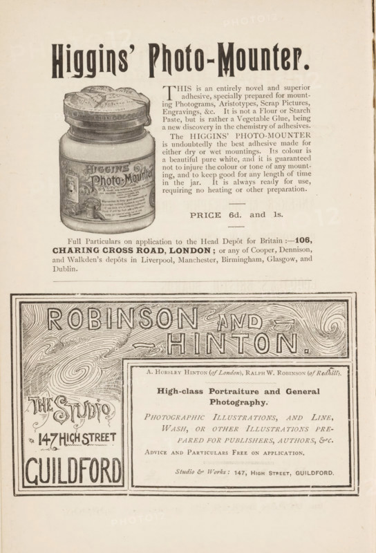 Higgins' Photo-Mounter, Pot of Higgin's adhesive for mounting photos, page, photomechanical print, advertisement, Page is an advertisement from the firms Higgin and Robinson and Hinton, inscription: 'This is an entirely novel and superior adhesive, ', c. 1884 - in or before 1894, photographer, printmaker, paper, autotype, height 53 mm x width 35 mm, Print in back advertisement section., gluing (industrial process), A vertically oriented printed page with two distinct advertisement sections separated by a thin border; the top section features an illustration of a jar with a lid positioned left of a block of small printed paragraphs, and a large bold headline spanning the page above them; the jar illustration shows a cylindrical body with a detailed label and a rounded screw-top lid with textured shading; below the jar and text is a line of smaller text and a narrow rule. The lower section is framed with an ornate rectangular border and decorative woodgrain-like patterning around a bold ...