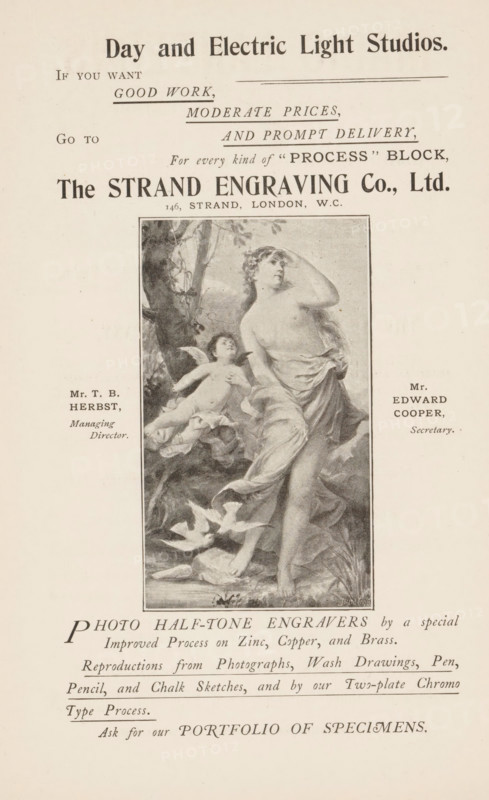 Photo reproduction of a print of a woman with a putto and doves, reproduction, page, photomechanical print, advertisement, Page is an advertisement from the firm The Strand Engraving Co. in London., inscription: 'Day and Electric Light Studios, ', printmaker: Strand Engraving Co., after print by anonymous, c. 1884 - in or before 1894, photographer, after print by, paper, autotype, height 94 mm x width 55 mm, Print in advertising section at the back., cupids: 'amores', 'amoretti', 'putti', doves, pigeons, A vertically oriented print showing a rectangular framed illustration centered on a pale background, the illustration depicts a classical-style scene with a partially draped standing female figure looking upward and raising one arm to her head, a winged cherub-like child beside her reaching toward her, foliage and a tree trunk behind them, and birds on the ground near flowing drapery; there are two small blocks of text-like elements placed to the left and right of the framed illustrati...
