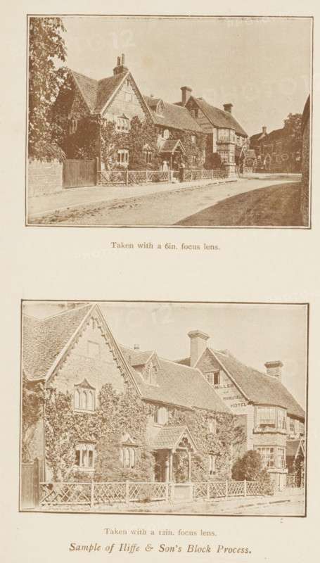 Two views of The Miller of Mansfield hotel in Goring-on-Thames, page, photomechanical print, inscription: 'Taken with a 6in. focus lens. Taken with a 12in. focus lens. Sample of Iliffe & Son's Block Process.', photographer: Henry Philip Hawkes, Goring-on-Thames, printmaker: Iliffe & Son, printer (person): Iliffe & Son, c. 1881 - in or before 1891, Henry Philip Hawkes, Iliffe & Son, photographer, Oxfordshire, paper, autotypie, height 183 mm x width 120 mm, Prints opposite page 8., hotel, hostelry, inn, A vertically oriented image showing two sepia-toned photographs of a street scene with a row of older houses framed by rectangular borders, one photograph positioned above the other with blank space between them; each photograph depicts houses with steeply pitched roofs, chimneys, gabled facades, and multi-paned windows, with climbing vegetation on some walls and low decorative fencing along the sidewalk; a road curves past the houses and a few figures stand near the fences in the upper p...