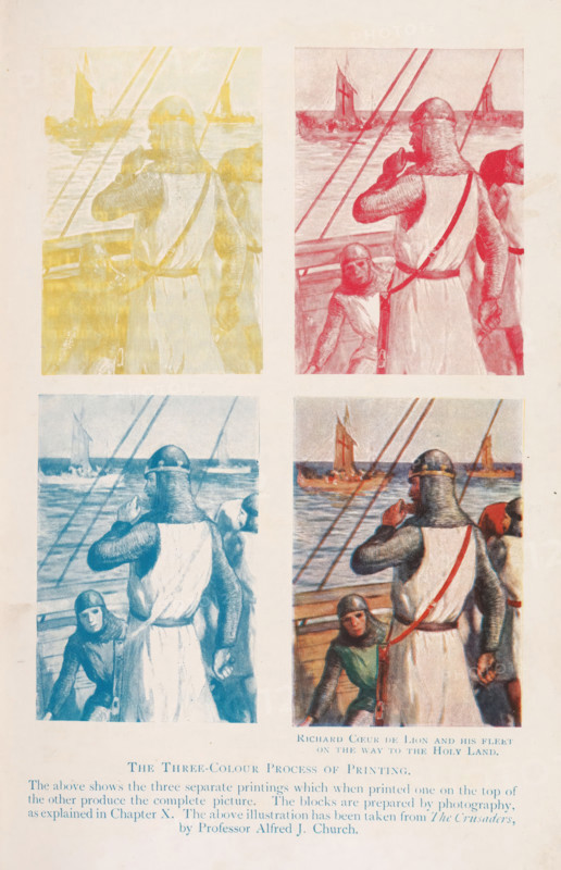 Four photo reproductions of a print depicted in different colours, depicting Richard I the Lionheart on a boat from the book The Crusaders by Alfred John Church, The three-colour process of printing, reproduction, page, photomechanical print, inscription: 'The above shows the three separate printings which when printed one on top of the other produce the complete picture. The blocks are prepared by photography, as explained in Chapter X. The above illustration has been taken from The Crusaders by Professor Alfred J. Church.', after print by anonymous, c. 1898 - in or before 1908, photographer, printmaker, after print by, paper, autotypie, height 192 mm x width 125 mm, Person, Richard I the Lionheart (king of England), sailing-ship, sailing-boat, commander-in-chief, admiral, A vertically oriented page shows four rectangular illustrations arranged in a two-by-two grid, each depicting similar scenes of three armored figures on a ship deck looking toward the sea with sailing vessels on the...
