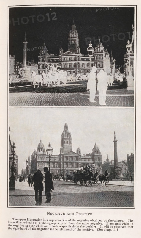Negative and positive, Negative and positive image of a street scene with an obelisk on a square and a horse cart, page, photomechanical print, inscription: 'The upper illustration is a reproduction of the negative obtained by the camera. The lower illustration is a photographic print from the same nagative. Black and white in the negative appear white and black respectively in the positive. It will be observed that the right-hand of the negative is the left-hand of the positive. (See chap. iii.)', c. 1898 - in or before 1908, photographer, printmaker, paper, autotypie, height 192 mm x width 120 mm, Prints opposite page 50., obelisk, needle, four-wheeled, animal-drawn vehicle, eg: cab, carriage, coach (conveyance for transport of persons), A vertically divided page shows two photographic views of the same city square with a large ornate building with a central tower and domed corner pavilions. In the upper half the image appears as a high-contrast negative with dark sky, pale figures a...