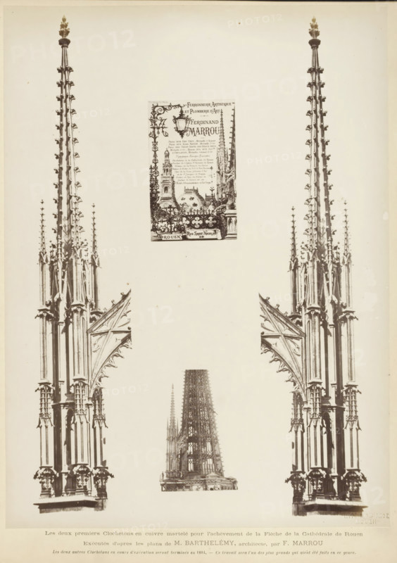 Les deux premiers Clochetons en cuivre tortureé pour l'achèvement de la Flèche de la Cathédrale de Rouen, Four images of spires, photograph, page, Two spiers for the roof turret of Notre-Dame of Rouen with a photo of the construction in the middle and a poster about it roof turret, inscription: 'Exécutés d'après les plans de M. Barthélemy, architect, par F. Marrou Les deux autres Clochetons en cours d'exécution seront terminés en 1884. - This is the series of the plus grands qui aient été fats en ce genre.', name: 'Witz & cie Phot. Rouen', photographer: Witz et Cie., Rouen, c. 1881 - in or before 1884, Witz et Cie., photographer, paper, albumen print, height 278 mm x width 204 mm, parts of church exterior and annexes: steeple, Rouen Cathedral, A sepia-toned image showing architectural illustrations of ornate gothic spires and pinnacles arranged vertically on a pale background, with a small detailed depiction of a cathedral spire centered near the middle and taller, more elongated spire...