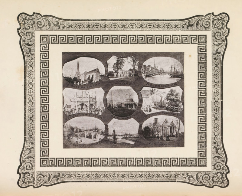 Nine views of buildings and bridges in West Dorset, page, photomechanical print, photomontage, inscription: 'St Mary Bridgwater, Bridgwater', cliché maker: anonymous, c. 1868 - in or before 1873, photographer, paper, photoaquatint, height 98 mm x width 123 mm, church (exterior), bridge, exterior, representation of a building, A rectangular ornate printed page rotated on its side showing an inner rectangular panel filled with a grid of small oval and octagonal black-and-white vignette illustrations, each depicting architectural scenes and landscapes, surrounded by a wide decorative border with repeating geometric meander patterns and elaborate corner scrollwork and foliate designs, all rendered in black ink on aged cream-colored paper.