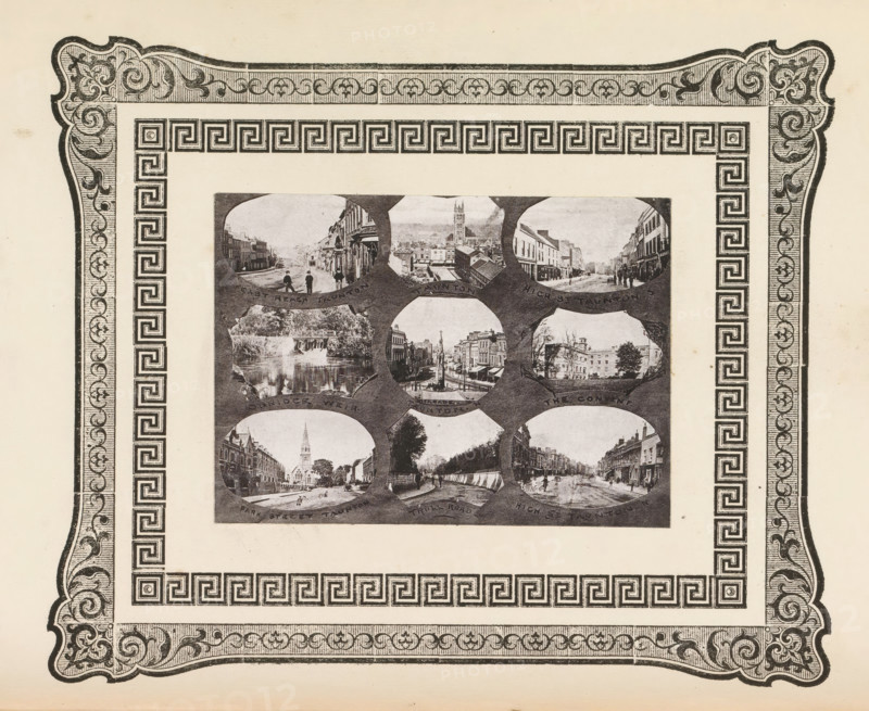Nine views of West Dorset town streets, page, photomechanical print, photomontage, inscription: 'East Beach, Taunton, High St. Taunton', cliché maker: anonymous, c. 1868 - in or before 1873, photographer, paper, photoaquatint, height 91 mm x width 125 mm, street, church (exterior), exterior, representation of a building, A rectangular sheet with an ornate decorative border featuring scrollwork in the corners and a repeating geometric pattern along the inner edge surrounds a central panel containing a grid of oval vignette photographs depicting streets, buildings, bridges, waterfront scenes, and architectural facades. The border has dark intricate flourishes against a light background and parallel lined shading in the corner decorations. The central panel contrasts with the pale sheet, showing darker oval images with varied urban and riverside views, including scenes with tree-lined banks, rows of buildings receding into the distance, and a tower or spire visible in one vignette. The ov...