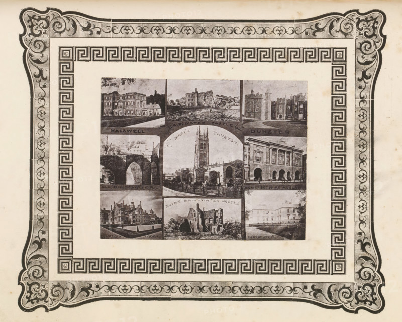 Nine views of buildings and ruins in West Dorset, page, photomechanical print, photomontage, inscription: 'Halswell, Heatherton', cliché maker: anonymous, c. 1868 - in or before 1873, photographer, paper, photoaquatint, height 94 mm x width 121 mm, church (exterior), ruin of a building, architecture, exterior, representation of a building, A rectangular sheet with a decorative printed border featuring ornate scrollwork and a repeating geometric Greek key pattern surrounding a central collage of black-and-white photographic vignettes depicting buildings, bridges, and architectural scenes; the border has thicker ornamental corners with floral and scroll motifs and an inner band of square spiral motifs, while the central panel contains several small rectangular photographic images arranged together showing various façades, towers, archways, and waterfront views rendered in a monochrome, slightly faded print.