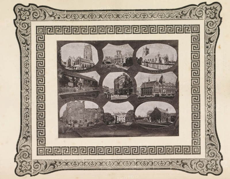 Nine views of buildings in West Dorset, page, photomechanical print, photomontage, inscription: 'S James Taunton, Taunton Vicarace', cliché maker: anonymous, c. 1868 - in or before 1873, photographer, paper, photoaquatint, height 100 mm x width 125 mm, church (exterior), exterior, representation of a building, A rectangular printed page oriented sideways with an ornate decorative border featuring scrollwork and a repeated geometric key pattern framing a central area that contains a dark rectangular panel filled with a collage of oval and shield-shaped photographic vignettes showing buildings and streets in monochrome tones.