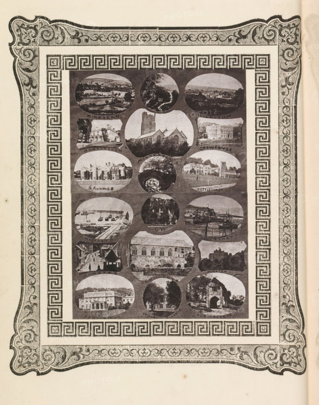 Eighteen views of towns in West Dorset, page, photomechanical print, photomontage, inscription: 'Minehead, Old Cleeve', cliché maker: anonymous, c. 1868 - in or before 1873, photographer, paper, photoaquatint, height 150 mm x width 105 mm, city-view in general, 'veduta', A rectangular printed sheet framed by an ornate decorative border with scrolling floral motifs and a repeating geometric pattern contains a central panel filled with an array of oval and circular photographic vignettes showing various buildings, landscapes, waterfront scenes, promenades, and architectural details; the vignettes are arranged in a vertical grid and depict stone churches, large houses, a harbor with moored boats, tree-lined avenues, a town street with small figures, an archway set among ruins, and leafy gardens, all rendered in monochrome with varying contrast against a textured background.