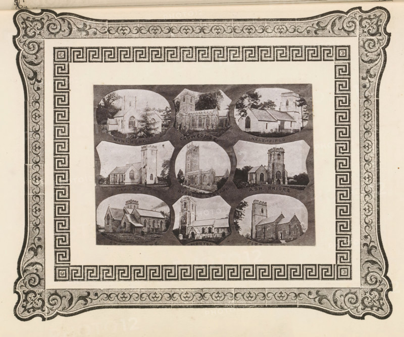 Nine views of churches in West Dorset, page, photomechanical print, photomontage, inscription: 'Nynehead, Fits...', cliché maker: anonymous, c. 1868 - in or before 1873, photographer, paper, photoaquatint, height 91 mm x width 125 mm, church (exterior), A rectangular printed page rotated sideways shows a decorative border with ornate scrollwork in the corners and a repeating geometric key pattern along the inner edge; inside the border is a centered rectangular collage of oval and shield-shaped photographic vignettes depicting various buildings and architectural details in a sepia tone, each vignette showing different views of church-like structures, towers, roofs, windows, and surrounding trees set against light backgrounds.