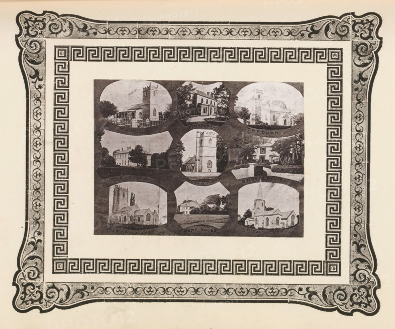 Nine views of churches in West Dorset, page, photomechanical print, photomontage, inscription: 'Trull, Pitminster', cliché maker: anonymous, c. 1868 - in or before 1873, photographer, paper, photoaquatint, height 91 mm x width 123 mm, church (exterior), A rectangular page with an ornate decorative border featuring scrollwork corners and a repeating geometric pattern along the inner edge surrounding a central rectangular collage of oval photographic vignettes depicting exterior views of buildings and trees in monochrome.