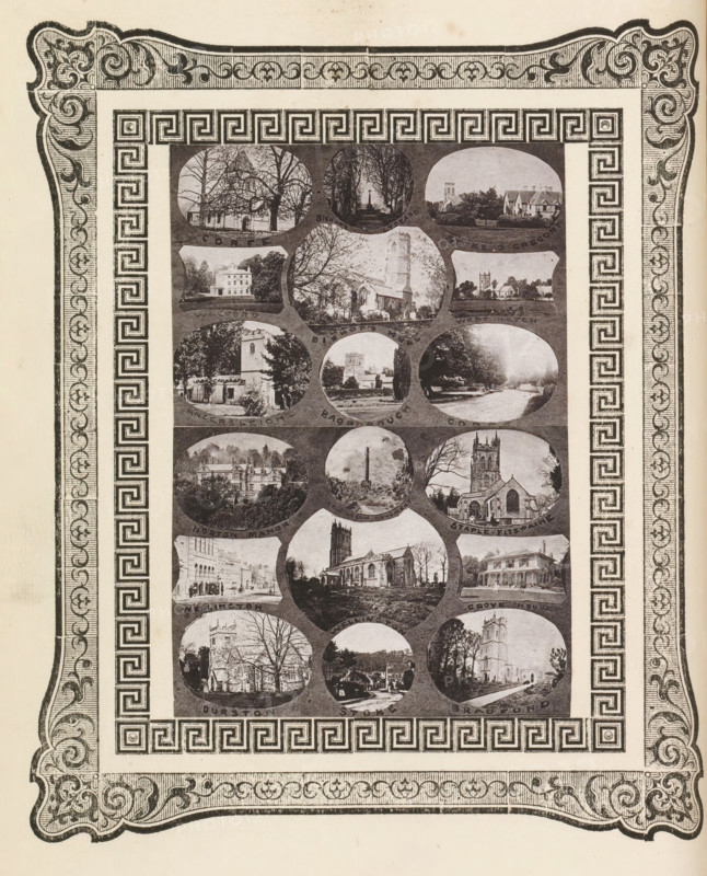 Eighteen views of churches and buildings in West Dorset, page, photomechanical print, photomontage, inscription: 'Corfe, Bradford', cliché maker: anonymous, c. 1868 - in or before 1873, photographer, paper, photoaquatint, height 151 mm x width 106 mm, church (exterior), exterior, representation of a building, A rectangular print with an ornate decorative border featuring swirling floral motifs and a repeating geometric meander pattern encloses a central panel of oval and circular photographs; the photos show various exterior scenes including buildings with towers and steeples, houses and large manor-like structures, tree-lined roads and pathways, a monument among trees, and landscapes with lawns and hedges, all presented in a monochrome sepia tone.