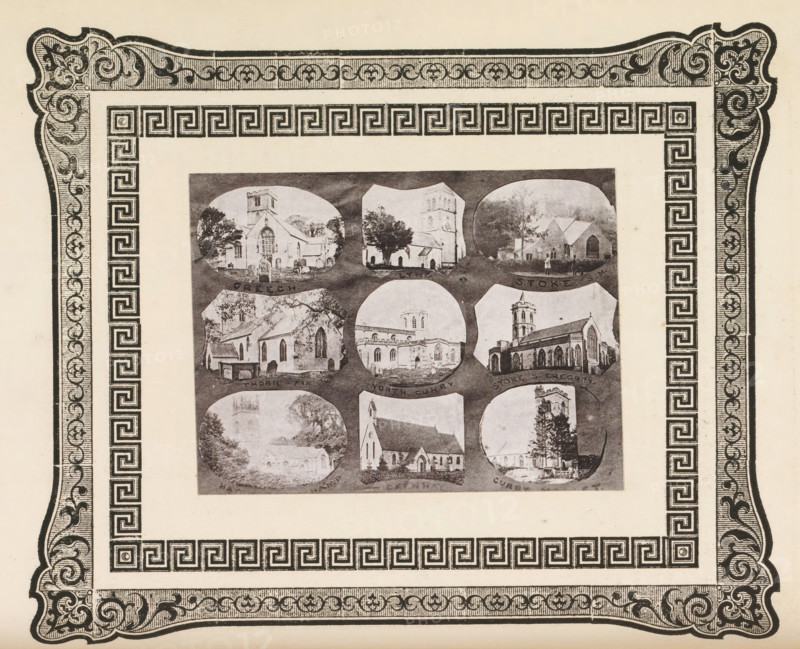 Nine views of churches in West Dorset, page, photomechanical print, photomontage, inscription: 'Creech, Cur...', cliché maker: anonymous, c. 1868 - in or before 1873, photographer, paper, photoaquatint, height 92 mm x width 122 mm, church (exterior), A rectangular page with an ornate decorative border featuring scrollwork and a repeated geometric pattern encloses a centered rectangular panel containing multiple oval and shield-shaped black-and-white photographic vignettes of buildings and landscapes; the border shows intricate corner flourishes and a repeated square-meander motif along the inner edge, while the central panel displays various architectural scenes with trees, rooflines, towers, and facades rendered in grayscale.