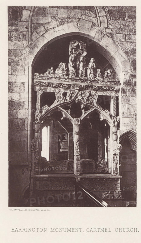 Harrington monument in the Cartmel Priory, Harrington monument, Cartmel church, page, photomechanical print, photographer: Alex Rivington, Cartmel Priory, London, c. 1870 - in or before 1880, paper, heliotype, height 179 mm x width 115 mm, interior of church, monument, statue, Lancashire, Cartmel, A tall stone archway set into a masonry wall surrounds an ornate sculpted canopy with carved columns and decorative arches; beneath the canopy lies a recumbent effigy on a tomb with carved panels, and above the canopy are a series of sculpted figures and ornamental reliefs. The stonework shows dressed blocks with visible joints and weathering, and the canopy features tracery, foliate motifs, and three-arched openings supported by slender columns; inside the openings a dark interior space is visible. The overall image is monochrome, with strong contrasts between light and shadow on the carved surfaces and the surrounding stone, and a narrow section of a wall and a recessed arched opening are v...