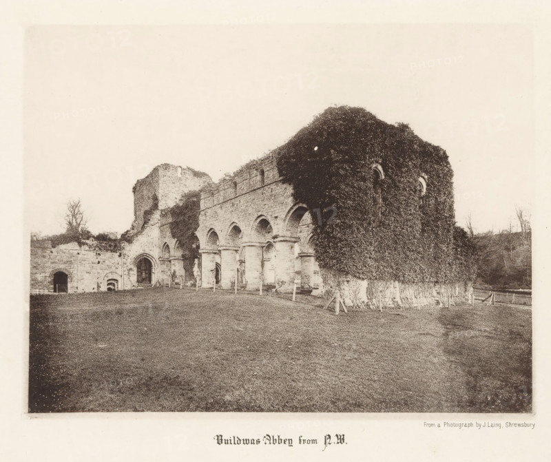 Buildwas Abbey from NW, View of the ruins of Buildwas Abbey, page, photomechanical print, photographer: J. Laing, Buildwas, cliché maker: anonymous, c. 1867 - in or before 1877, Cheshire (county), paper, collotype, photogravure, height 150 mm x width 193 mm, Print opposite title page., ruin of church, monastery, Buildwas Abbey, A sepia-toned photograph of a large stone ruin with arched openings along one side and a tall wall almost entirely covered by dense climbing vegetation, set on a grassy foreground with scattered wooden posts and a simple fence visible at the edge, with bare trees and low shrubs around the structure and an expansive pale sky above.