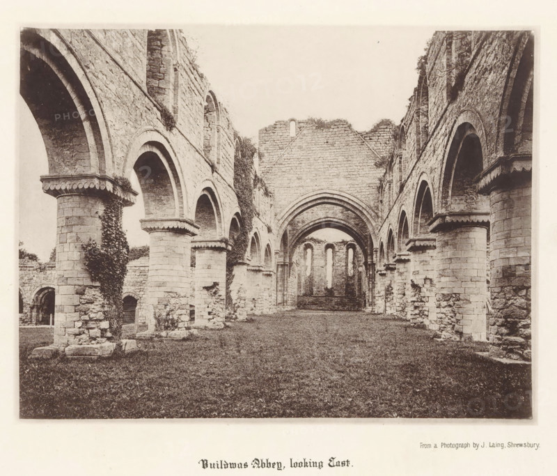 Buildwas Abbey, looking east, Interior of the ruins of Buildwas Abbey, page, photomechanical print, photographer: J. Laing, Buildwas, cliché maker: anonymous, c. 1867 - in or before 1877, Cheshire (county), paper, collotype, photoprint, height 150 mm x width 195 mm, ruin of church, monastery, parts of church interior: nave, A sepia-toned photograph of a ruined stone building showing a long central aisle flanked by rows of large arches supported by thick round columns, with scalloped decorative bands near the tops of some columns and ivy growing on several of the stone surfaces; the far end shows a partial wall with tall narrow window openings and layered archways framing the view, while the grassy floor extends toward the background and chipped and weathered stone blocks form the walls and bases throughout the scene.