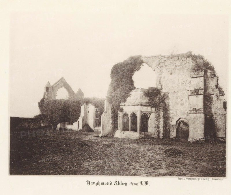 Haughmond Abbey from SW, View of the ruins of Haughmond Abbey, page, photomechanical print, photographer: J. Laing, Haughmond Abbey, cliché maker: anonymous, c. 1867 - in or before 1877, Shrewsbury, paper, collotype, photoprint, height 145 mm x width 194 mm, ruin of church, monastery, A sepia-toned photograph shows the ruins of a stone abbey with weathered walls and arched openings partly covered by climbing vegetation. In the foreground there is uneven ground with sparse grass and patches of bare soil. To the right a large stone wall has a rounded archway and a rectangular window opening, and below it a smaller arched doorway with a metal gate. Near the center an ornate set of window tracery remains intact beneath a crumbling upper wall, and ivy grows over parts of the masonry. To the left the remnants of another wall with a pointed arch and a small tower-like structure rise above dense shrubs and trees. The sky above is pale and mostly empty.