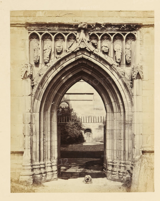 Portal of the ruins of Melrose Abbey, photograph, page, title: 'Richly molded Gothic portal', number: '(No. 3.)', inscription: 'Under No. 2. At point of the Arch, a Shield with the Royal Arms of Scotland, and a remarkable figure of John the Baptist with eye directed to the Saviour, and Inscription on Scroll 'Ecce Filius Dei.'', photographer: WJ Pringle, Melrose Abbey, c. 1860 - in or before 1870, Melrose (Scotland), paper, albumen print, height 165 mm x width 131 mm, ruin of church, monastery, parts of church exterior and annexes: portal, A stone arched doorway with layered pointed arches fills the frame, flanked by carved columns and ornate stonework, with a row of small sculpted figures set into niches above the arch; beyond the arch a gated opening reveals a courtyard with a distant arched doorway and trees, and a small long-haired dog sits on the ground in the foreground.
