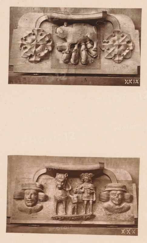 Two woodcarvings in Worcester Cathedral, page, photomechanical print, Above a suckling pig between leaf motifs, below a king with child and a horse between two faces., number: 'XXIX, XXX', c. 1863 - in or before 1873, paper, Woodburytype, Woodburytypie, height 306 mm x width 244 mm, ruler, sovereign, interior of church, piglet, suckling pig, carving, applied arts, A vertical, sepia-toned photograph shows two rectangular carved wooden panels stacked with a blank space between them. The upper panel features a central carved pig standing over a cluster of carved teats or tassel-like forms, flanked on each side by circular rosette carvings with petal-like shapes and rounded protrusions, all set within a framed wooden backing. The lower panel displays a carved scene with a crowned human figure holding an object, standing beside a horse with a decorative bridle and a smaller human figure at their feet, flanked on both sides by large sculpted heads wearing wide, layered headpieces and decorat...