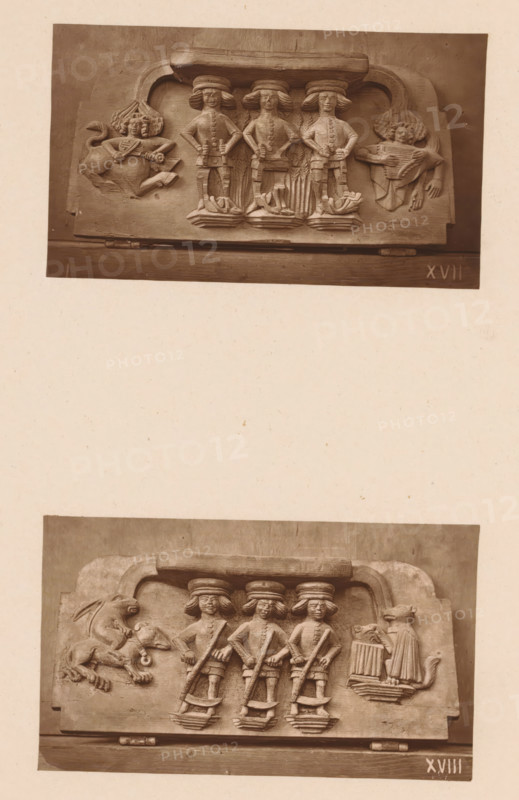 Two carvings in Worcester Cathedral, page, photomechanical print, Above three mowing figures between two fantasy creatures, below three figures with scythes between two fantasy creatures., number: 'XVII, XVIII', c. 1863 - in or before 1873, paper, Woodburytype, Woodburytypie, height 306 mm x width 244 mm, interior of church, reaping, picking, mowing, harvest, agricultural implements: scythe, carving, applied arts, A sepia-toned photograph shows two rectangular carved stone relief panels arranged vertically on a light background, each depicting a central group of three standing figures wearing wide-brimmed hats and buttoned garments, each with hands resting on long objects held vertically, standing on stylized plinths; the upper panel includes carved figures on either side with swirling hair and one holding a stringed instrument, while the lower panel shows a carved animal figure on the left with a rider and a standing robed figure on the right holding a similarly shaped object, both pa...