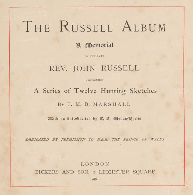 The Russell album a memorial of the late Rev. John Russell containing a series of twelve hunting sketches by TMB Marshall, book, name: 'Francis GM Bouleau', writer (clerical worker): Thomas Mervyn Bouchier Marshall, writer (clerical worker): CA Mohun-Harris, publisher: Bickers & Son, London, 1885, writer (clerical worker), textile materials, paper, linen (material), Woodbury type, color on cut, height 283 mm x width 257 mm x thickness 18 mm, A rectangular page with a thin red border surrounding aged cream paper showing spots and light stains, centered decorative headings and lines of printed typography in dark ink, and a wide open margin at the bottom.